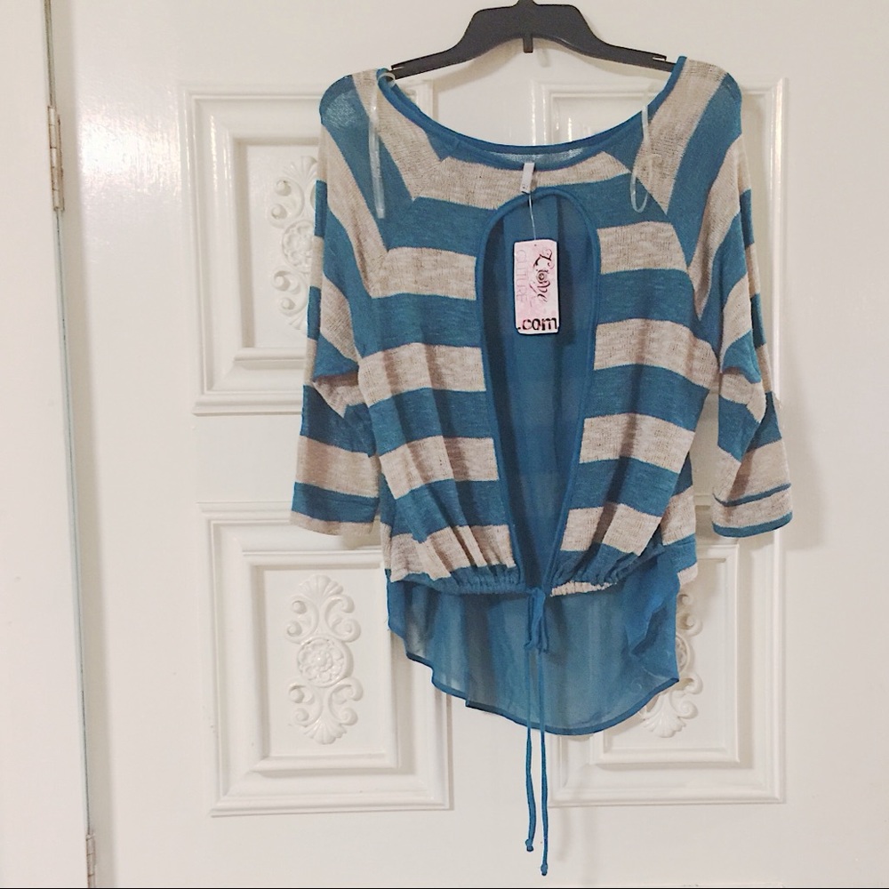 Pretty Teal & Tan Top with Fun Sheer Detailed Back - Picture 3 of 8